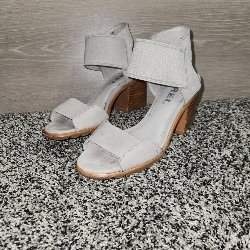 Sorel Nadia Sandal Grey Sz 6.5 Ankle Strap Elastic,Chunky Heel Lug Slip On Chic